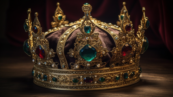 A resplendent royal crown, encrusted with precious gems and metals, symbolizing royal authority and power.