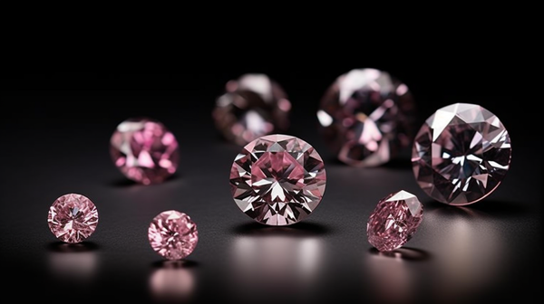 Pink Diamonds of different shades and sizes on a dark, reflective surface