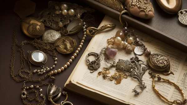 A collection of sentimental jewellery pieces, including a heart-shaped locket, a vintage family heirloom ring, and a bracelet with various travel-themed charms.