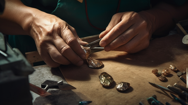 Jeweler at work with sustainable materials, signifying the push towards ethical and sustainable practices in the jewelry industry.
