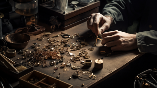 A jeweller at work, surrounded by tools and materials, illustrating the creative process behind contemporary jewellery design.