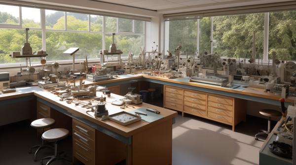 A well-organized, spacious horology workshop with large windows allowing ample natural light in.