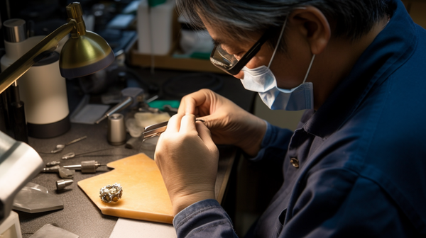  jeweler at the workbench wearing safety glasses, a soldering mask, and protective gloves