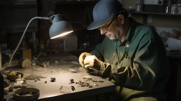 a jeweler at the workbench wearing safety glasses
