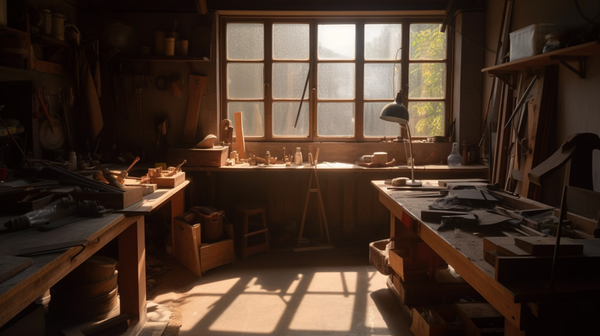 Warm sunlight filtering into the watchmaker's workshop through a window, casting a bright glow over the workspace.