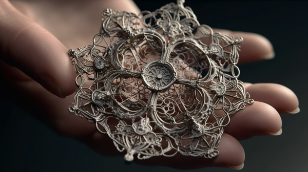 "Intricately designed brooch using 3D printing technology, demonstrating the fusion of historic Victorian style and modern manufacturing methods in jewellery.