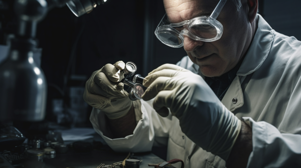 Horologist wearing safety gloves, goggles, and a lab coat while working on a watch movement.