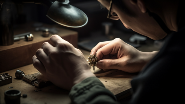 Close-up of a jeweller's hands meticulously crafting a piece of jewellery, illustrating the deliberate and thoughtful process involved in creating works of art.
