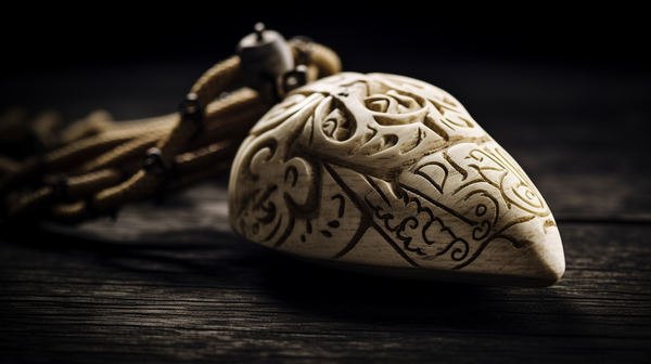 Close-up of a protective amulet, intricately carved from natural material, symbolizing physical safety.