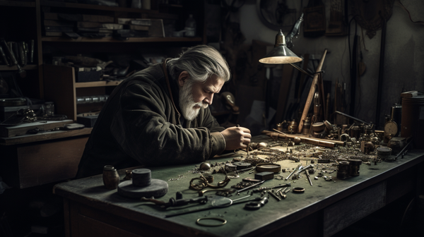 Contemporary Western jeweller immersed in their work, surrounded by an array of tools and materials.