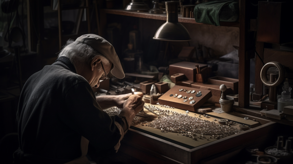 Jeweller working in their workshop, highlighting the blend of traditional craftsmanship and innovative techniques in contemporary jewellery making.