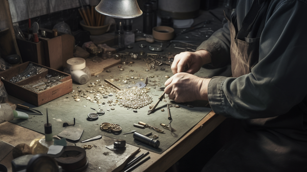 Jeweller working with tools and materials in their workspace, solving a design challenge.