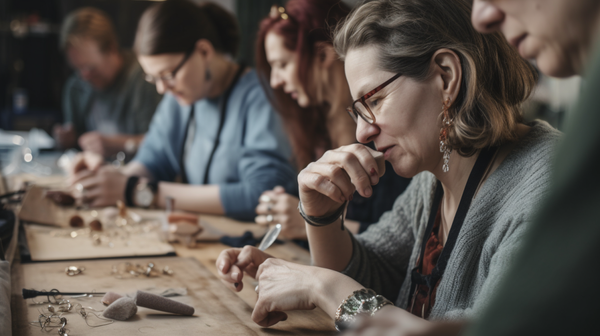 Jewellery designer attending a workshop, engaging with other participants and learning new techniques.