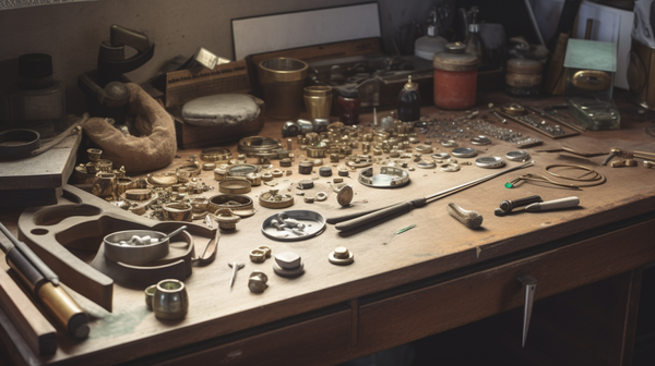 An array of jeweler's tools neatly arranged on a workbench, illustrating the diversity of equipment used in jewelry making