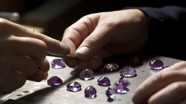 gemmologists at work, examining gemstones 