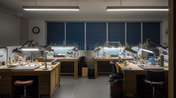 Well-lit horologist's workshop, featuring both natural and artificial light sources