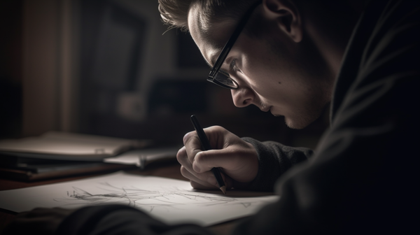 A jewellery artist engrossed in sketching a design, representing the process of turning imagination into tangible art.