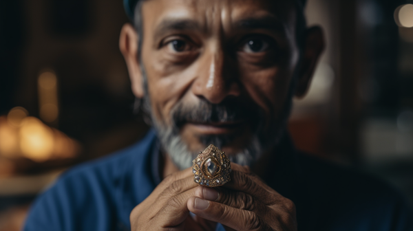 Portrait of a jeweller proudly presenting their finished piece, symbolising the artist's acceptance of total responsibility for the final product.