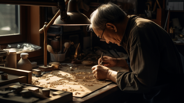 jeweler at work, possibly in the process of setting a stone or crafting a piece