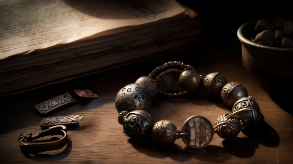 Close-up image of a vintage talisman with intricate details, bathed in warm lighting.
