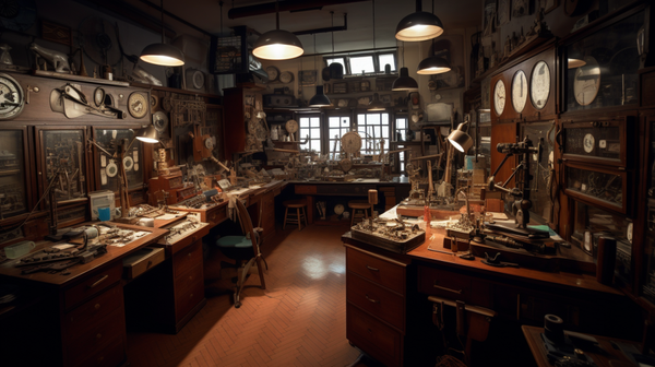 Wide-angle shot of a horologist's workshop, embodying a space of dedication and craftsmanship.
