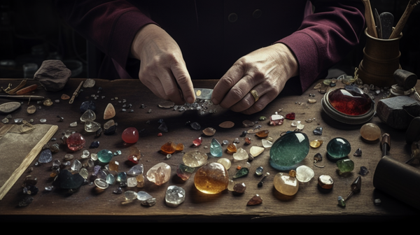 A gemmologist surrounded by a variety of gemstones and tools, illustrating the diverse responsibilities in their role.