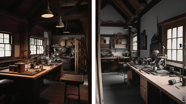 Comparison of an old-style lean-to wood and glass horology workshop and a modern workshop complying with current regulations.