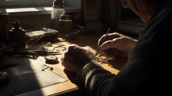 Watchmaker working at a bench near a north-facing window, bathed in soft, uniform light