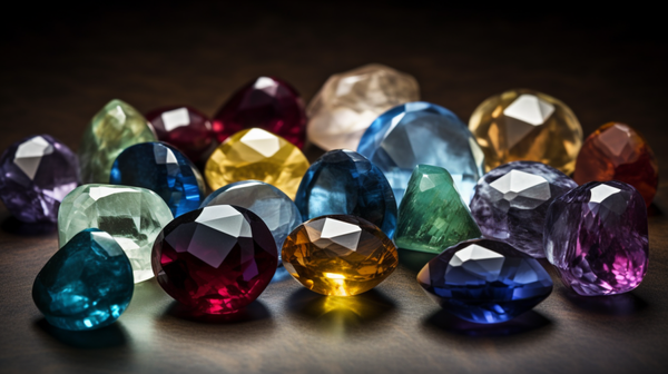 Close-up of various gemstones demonstrating their unique properties like color, cut, clarity, and carat.