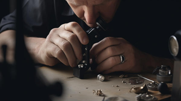 A gemmologist meticulously examines a gemstone using precise gemmological tools, demonstrating the intricate process of gem identification.