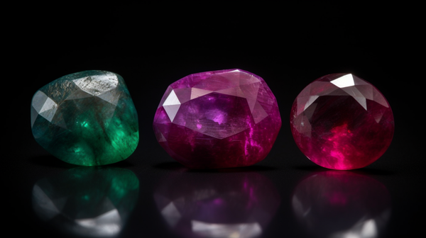 Three similar-looking gemstones displayed side by side - a natural gem, a treated gem, and a synthetic gem, illustrating the distinctions a gemmologist must identify.