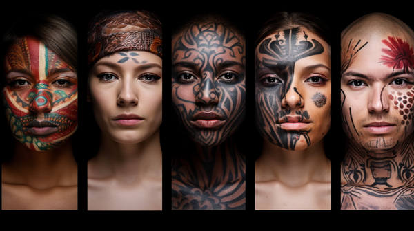 A montage showcasing the diversity of personal transformation practices across cultures, from skin coloring to face masks and tattoos.