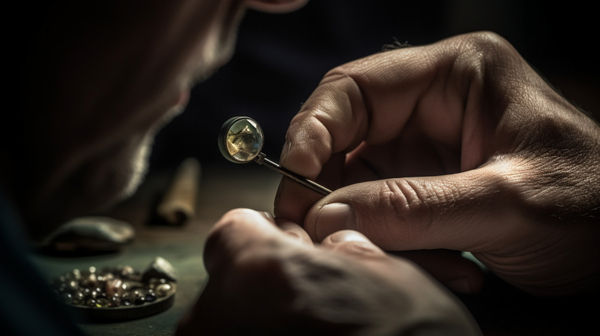 A professional gemmologist attentively examining a gemstone using specialized tools, illustrating the meticulous work involved in the gem identification process in the jewelry industry.