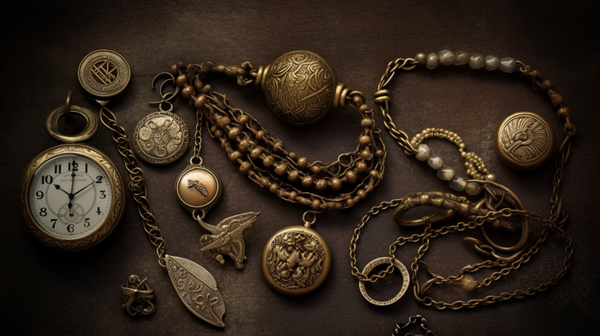 Antique jewellery collection showcasing time-tested symbols such as serpents and circles, highlighting their history and enduring symbolism.