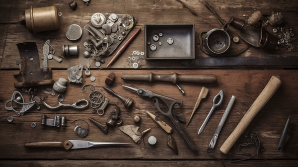 An array of tools used in amulet crafting, including carving tools, precious metals, and raw gemstones, spread out on a wooden table.