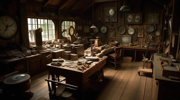 Traditional lean-to wood and glass horology workshop, filled with natural light, featuring vintage horology tools and timepieces.