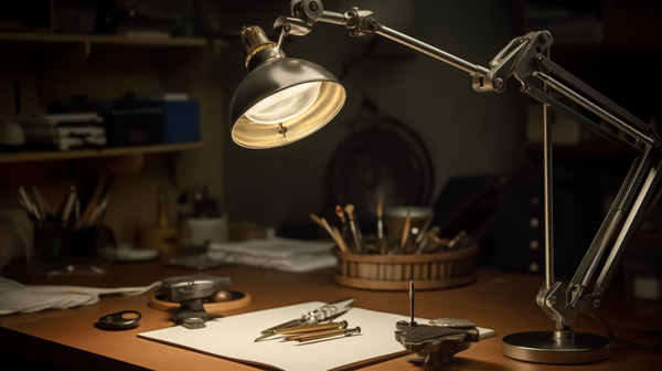 Tungsten lamp in an articulated holder illuminating a watch on a watchmaker's bench.