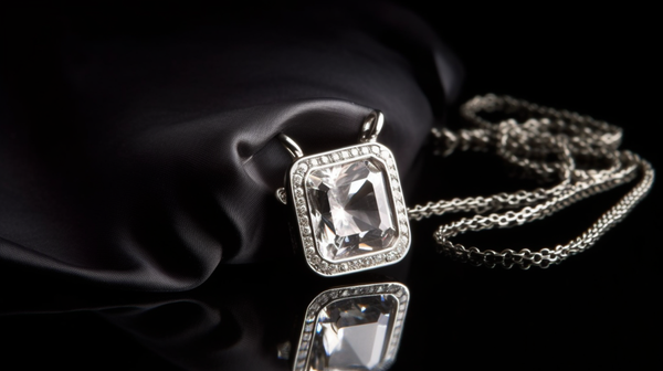 An untouched, high-value piece of jewelry encased in glass, highlighting its pristine condition and exquisite details