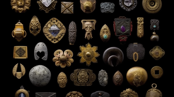 Assortment of amulets with varied shapes and materials, highlighting their intricate designs and craftsmanship.