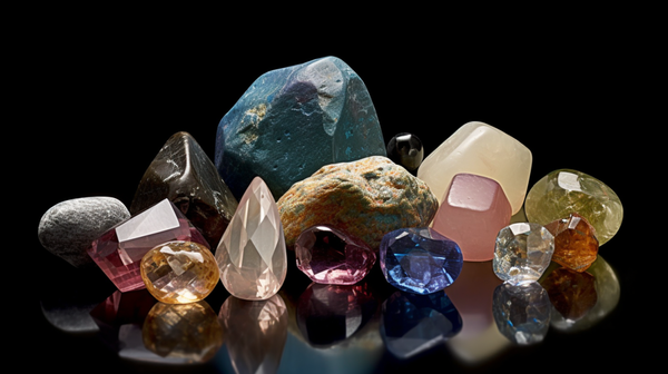 A diverse array of colorful gemstones displayed on a neutral background.