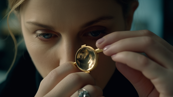 A viewer examining a piece of jewelry with a mysterious symbol using a magnifying glass.