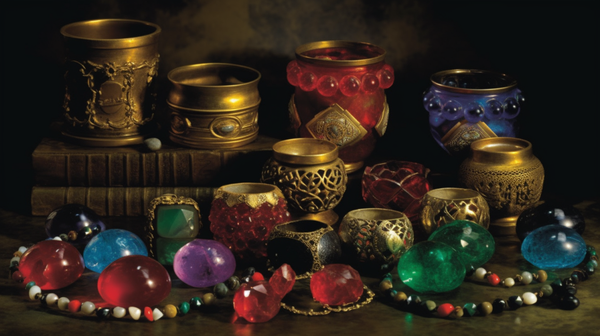 An assortment of votive jewels, including Celtic torques, Hindu gemstones, and inscribed lockets, beautifully arranged on a dark velvet background, reflecting the diversity of cultures and faiths.