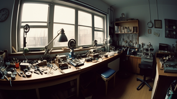 A watchmaker carefully working at a well-lit, organized bench in their workshop, with natural light streaming in through a window.