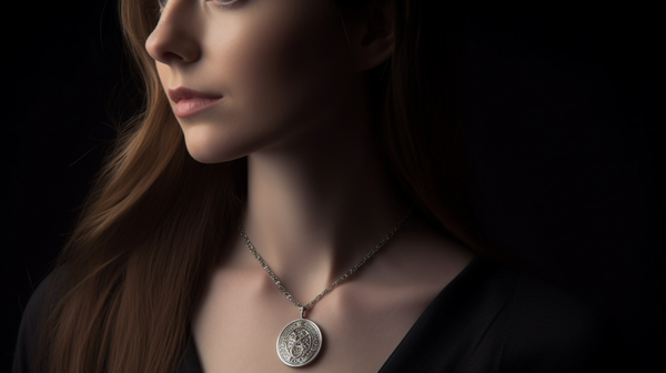 Model wearing an intricately crafted silver amulet on a chain, highlighting its role as a piece of protective jewelry.