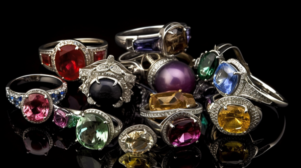 A variety of gemstone jewelry exhibiting different qualities like color, cut, size, and clarity.