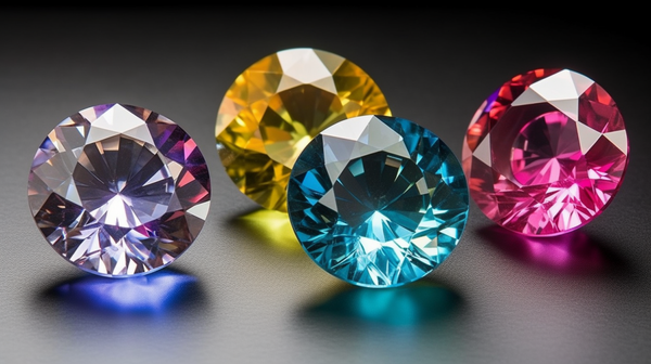 Selection of diverse gemstones demonstrating the Four Cs: Color, Cut, Clarity, and Carat.