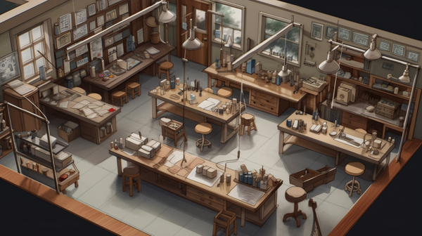 An overhead view of a watchmaker's workshop, showcasing a systematic layout with a hand-work bench near an east-facing window, wet benches by the west window, and machinery scattered in the central space.