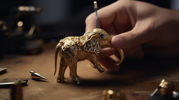 Close-up of a jeweler's skilled hands crafting a miniature charm, reflecting the meticulous process of translating a large-scale concept into a petite form.