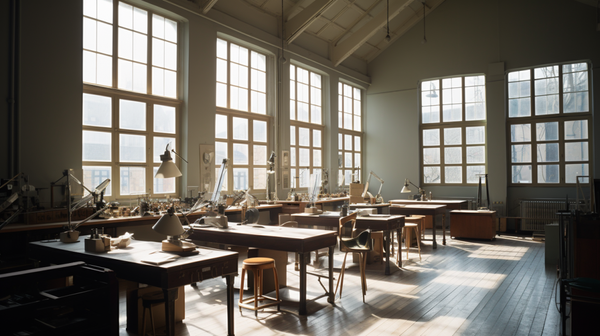 A modern horologist's workshop with large windows, strategically arranged to maximize natural light.