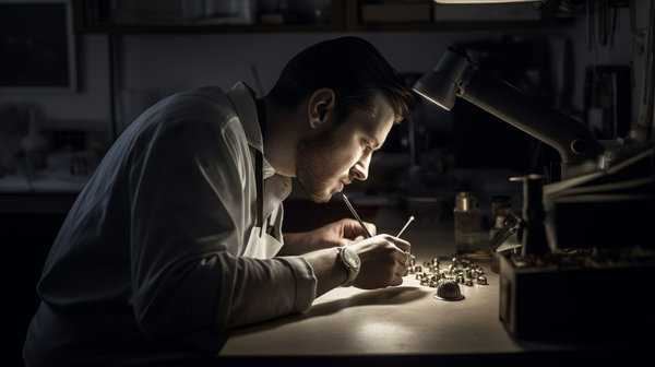 watchmaker working on a watch in a well lit watchmakers workshop